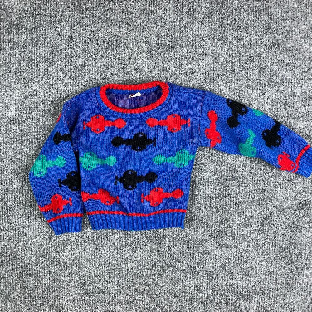 Park Bench Kids Sweater Boys 24M Blue Red Knit Pullover‎ Colorful Graphic Retro